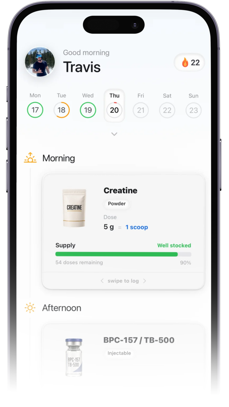 BioTracker daily schedule with morning and afternoon doses
